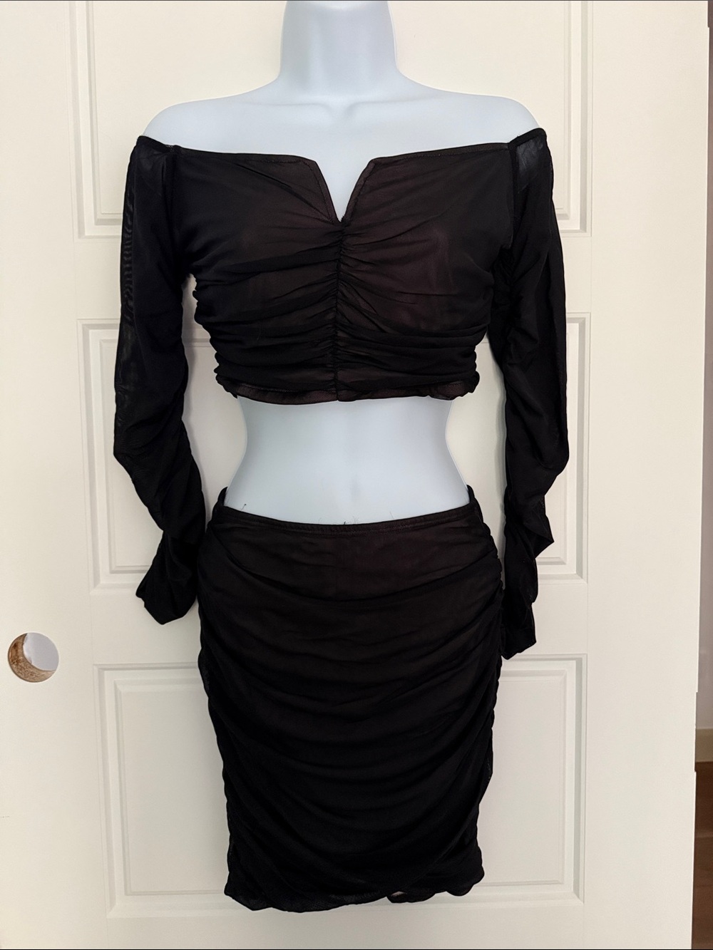 Fashion Nova Black Ruched Off-Shoulder Mini Skirt Set